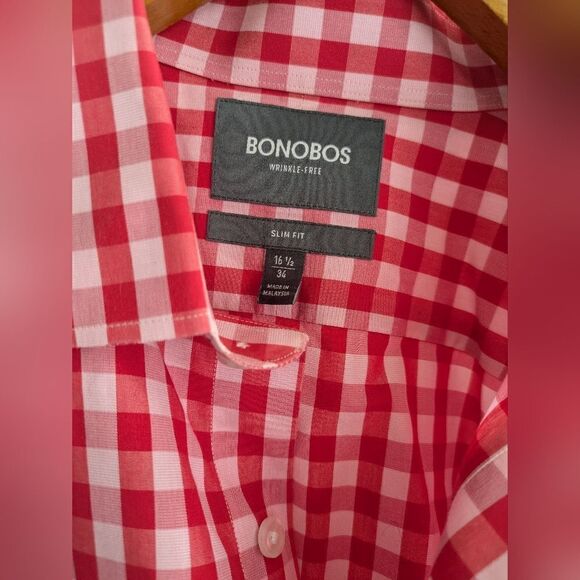 Bonobos Men's Casual Dress Shirt 16.5 34 Gingham Check Red White Button Up - Picture 3 of 4